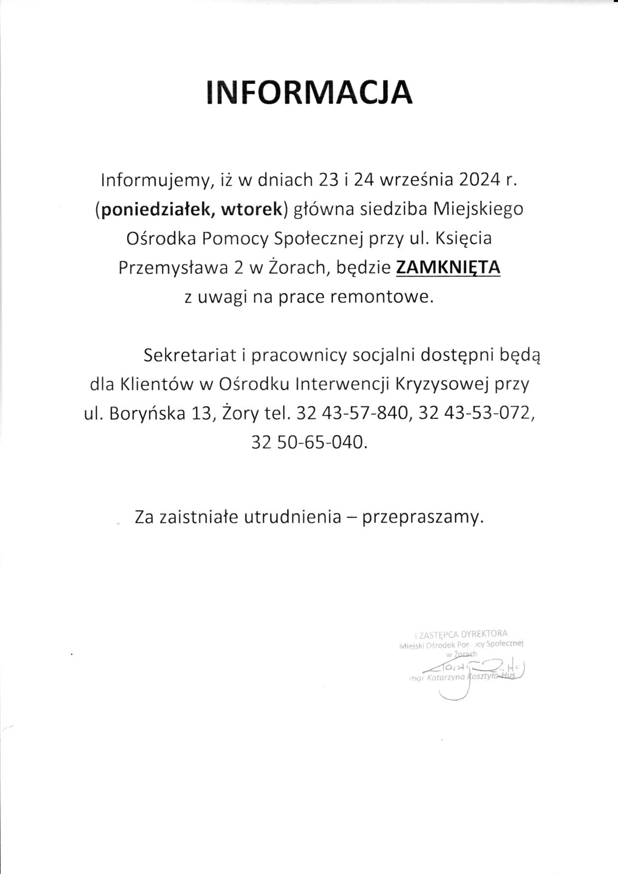 Informacja o remoncie w MOPS w dniach 23 i 24 września br